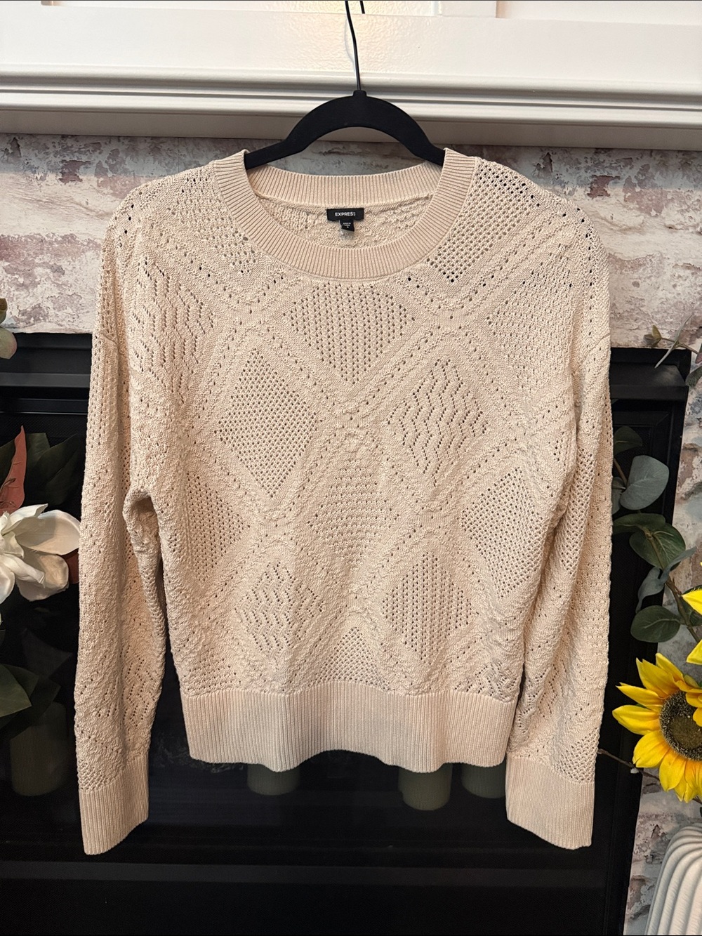Express Cream Openwork Crewneck Sweater